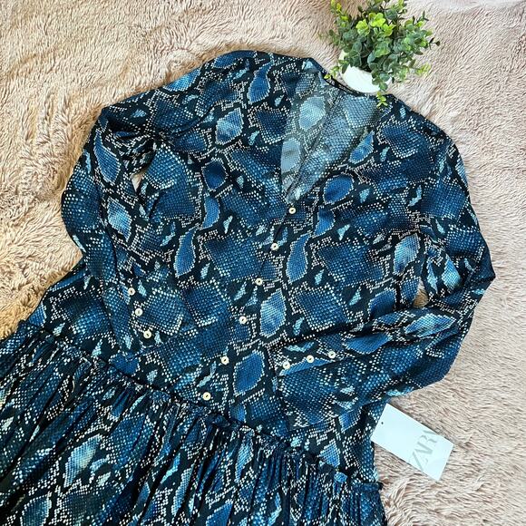 Zara Dresses & Skirts - NWT Zara Blue Snake Print Long Sleeve Button Front Lagenlook Dress Size Small